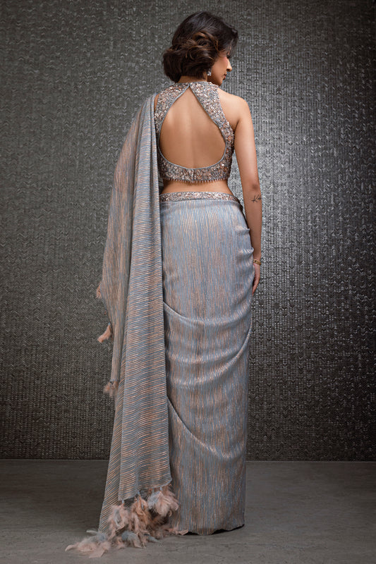 Icy Blue And Pale Pink Pre-Stitched Lycra Saree