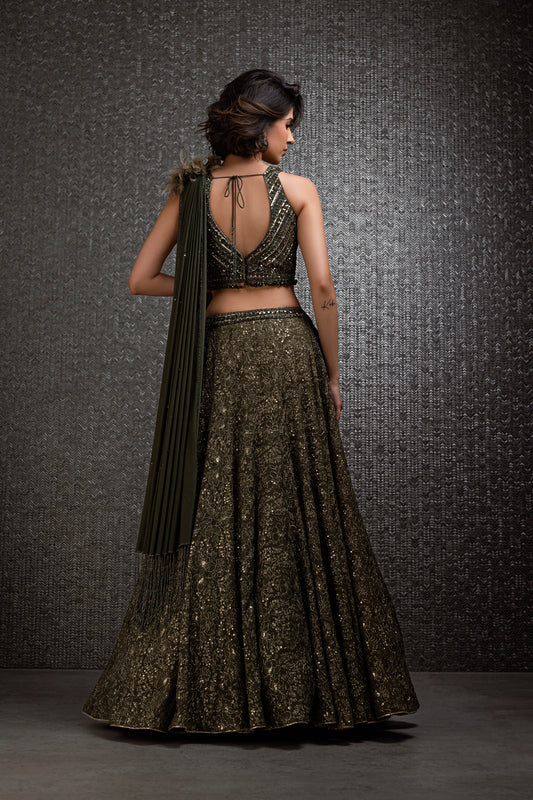 Forest Green Lehenga With Lycra Drape