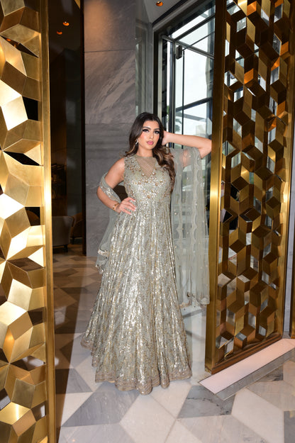 Olive green Sequin Georgette Gown