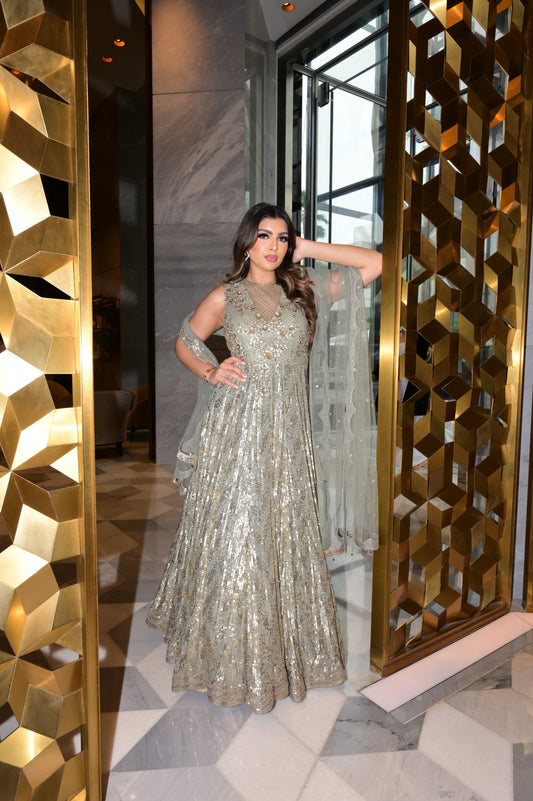 Olive green Sequin Georgette Gown