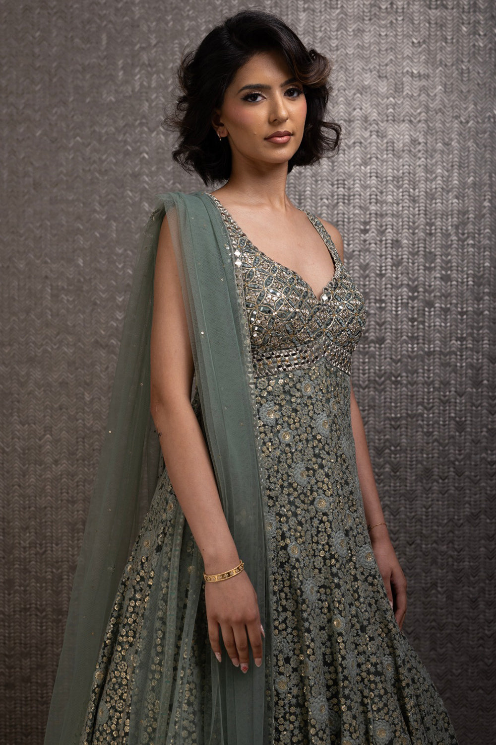 Dusty Sage Green Threadwork Gown