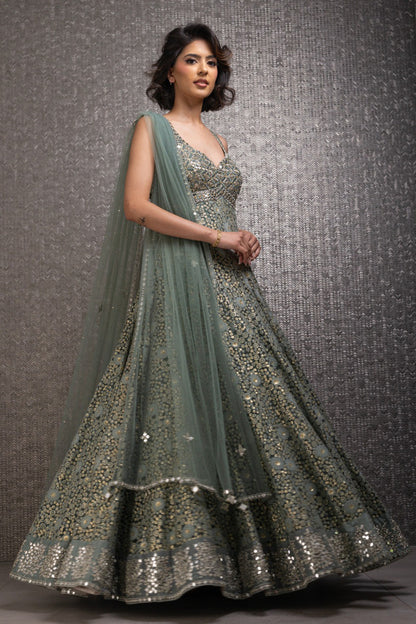 Dusty Sage Green Threadwork Gown