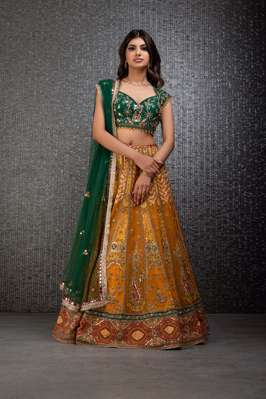 Mustard And Emerald Green Lehenga