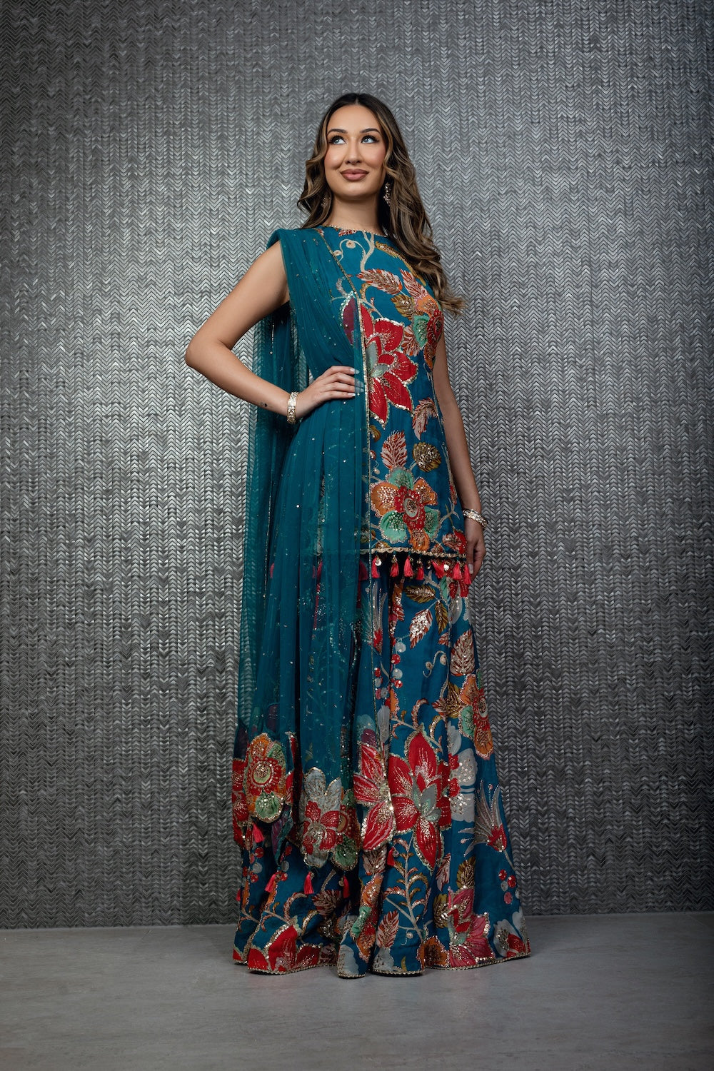 Teal Bloom Sharara with Patchwork Dupatta