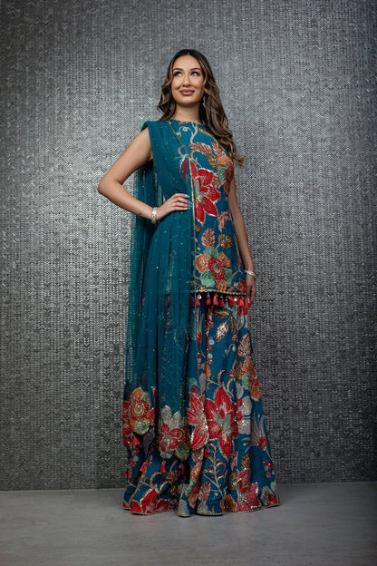 Teal Bloom Sharara with Patchwork Dupatta