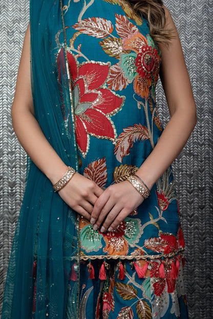 Teal Bloom Sharara with Patchwork Dupatta