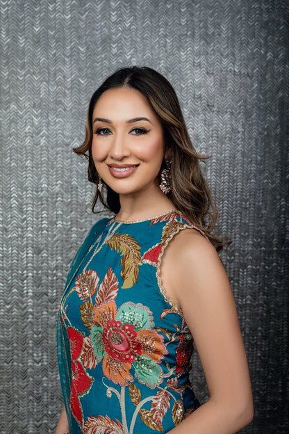 Teal Bloom Sharara with Patchwork Dupatta