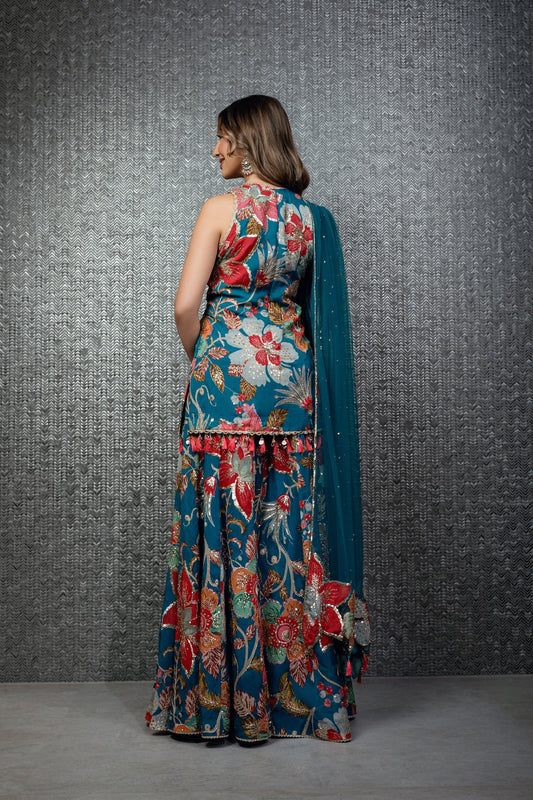Teal Bloom Sharara with Patchwork Dupatta