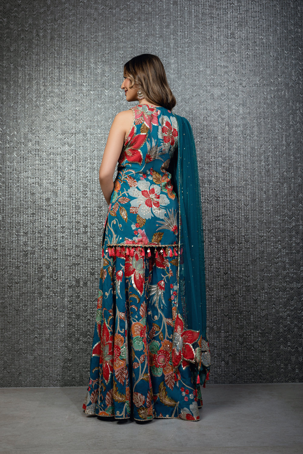 Teal Bloom Sharara with Patchwork Dupatta