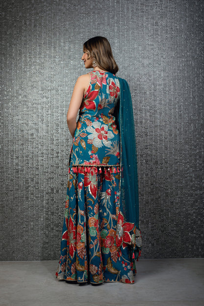 Teal Bloom Sharara with Patchwork Dupatta