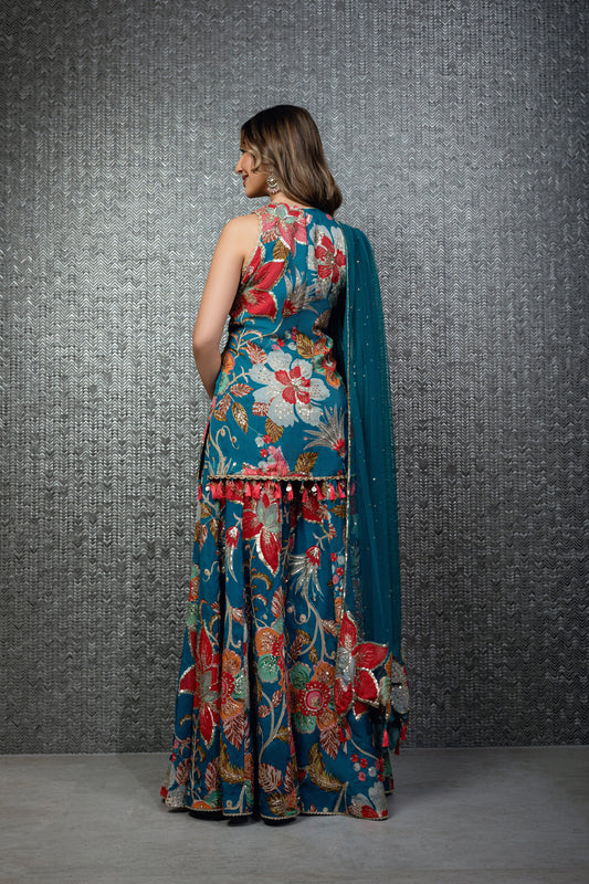 Teal Bloom Sharara with Patchwork Dupatta