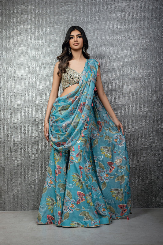 Aquamarine Floral Printed Sharara