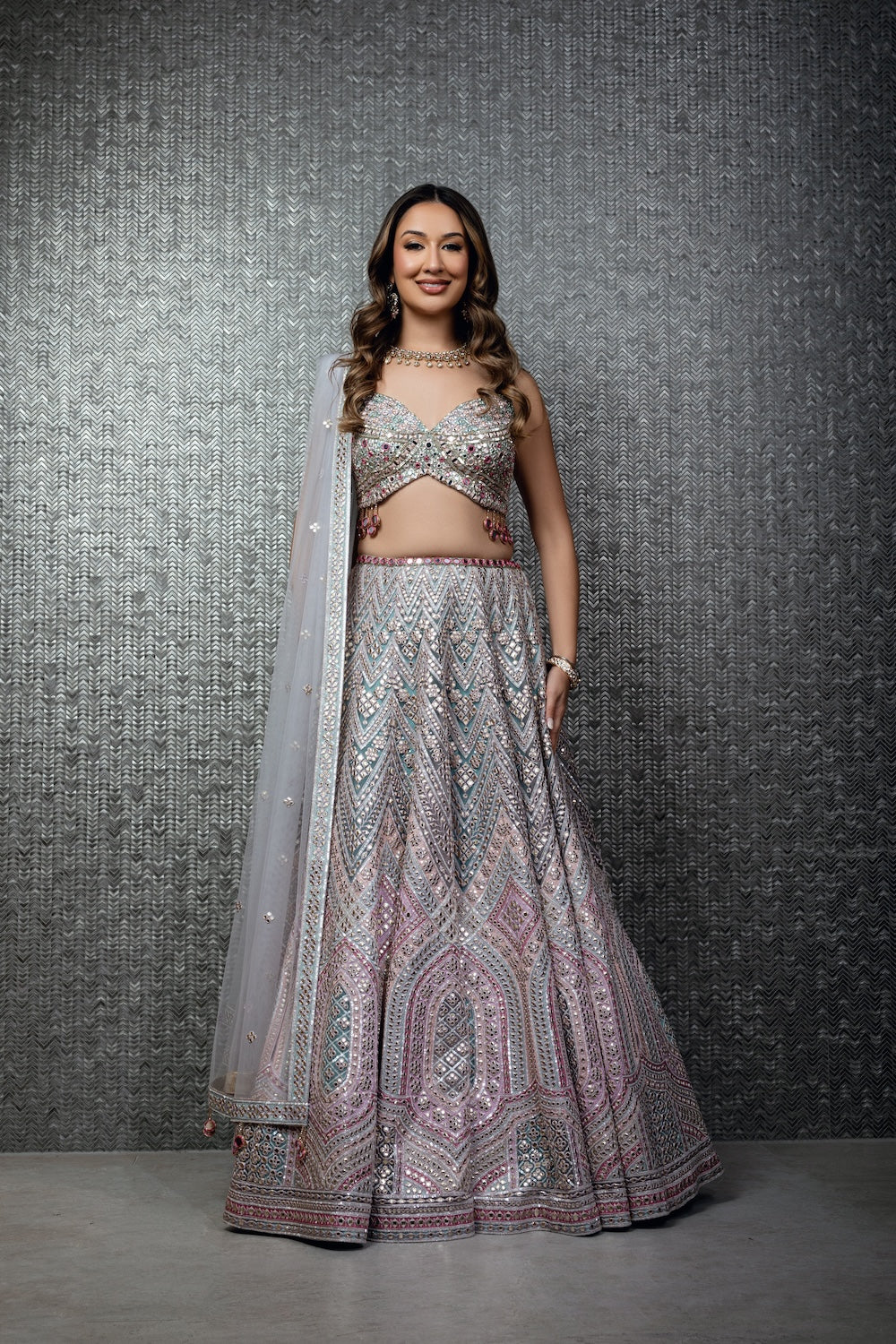 Turquoise And Dusty Rose Gota And Mirror Lehenga