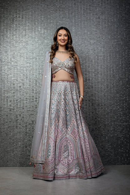 Turquoise And Dusty Rose Gota And Mirror Lehenga