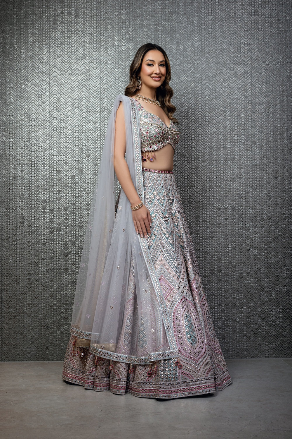 Turquoise And Dusty Rose Gota And Mirror Lehenga