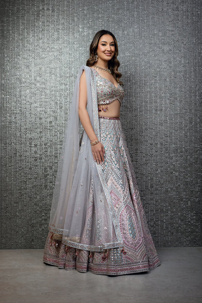 Turquoise And Dusty Rose Gota And Mirror Lehenga