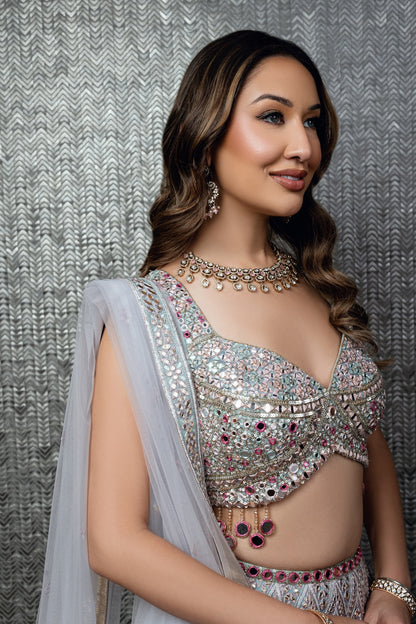 Turquoise And Dusty Rose Gota And Mirror Lehenga