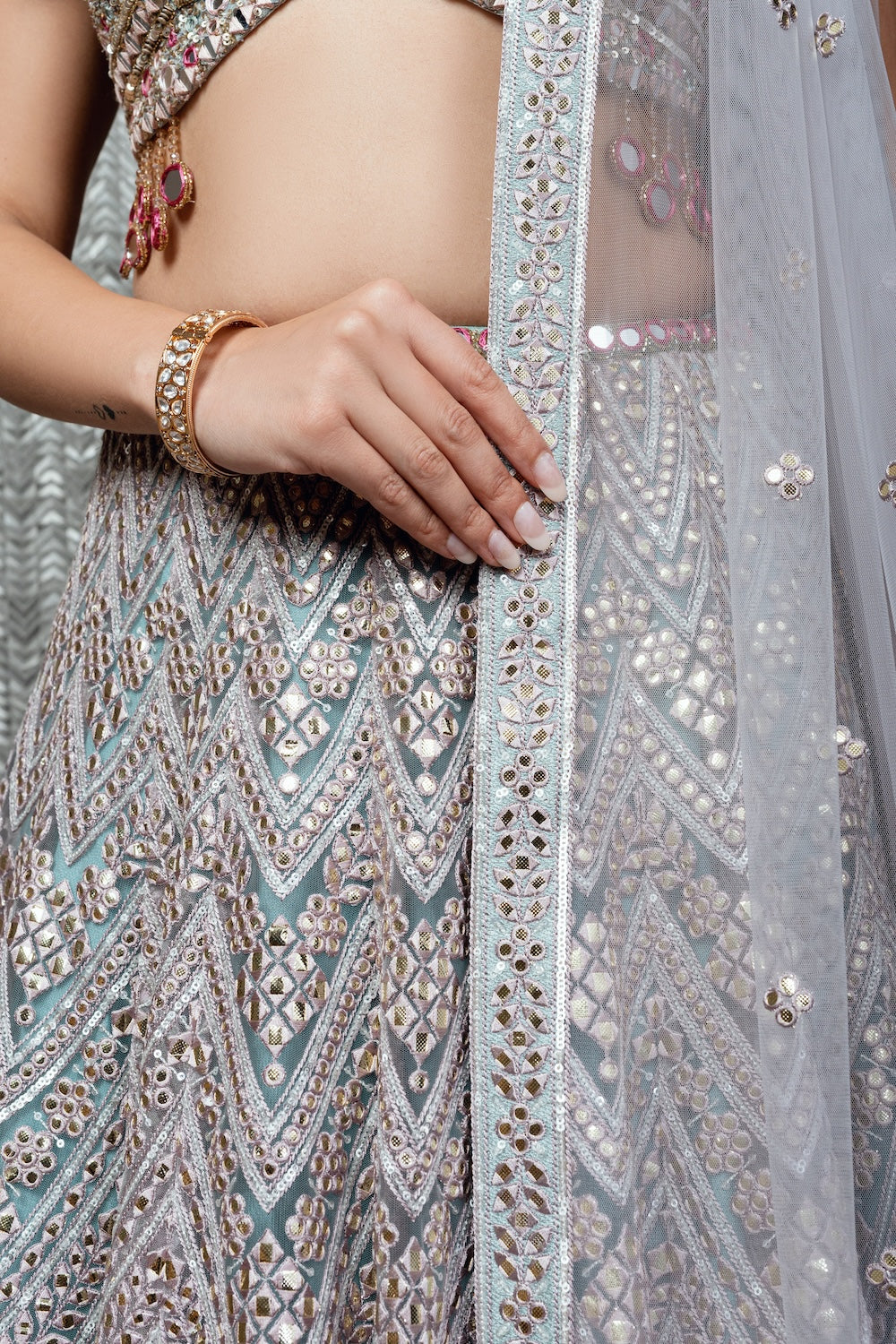 Turquoise And Dusty Rose Gota And Mirror Lehenga