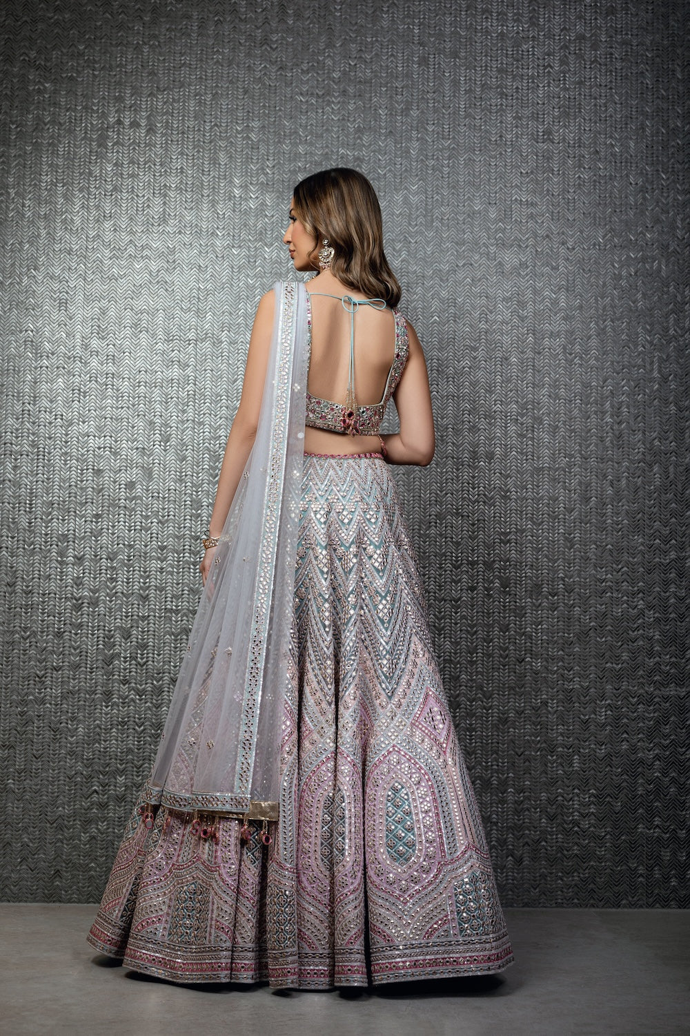 Turquoise And Dusty Rose Gota And Mirror Lehenga