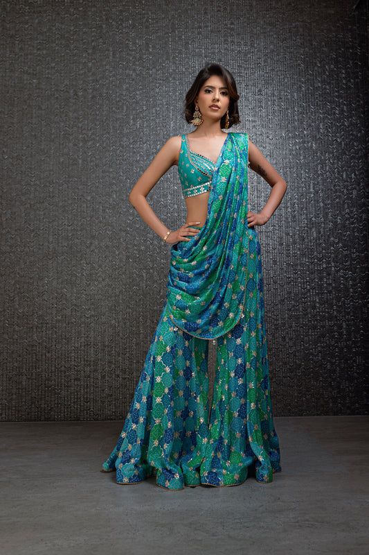Turquoise Green And Cobalt Blue Drape Sharara