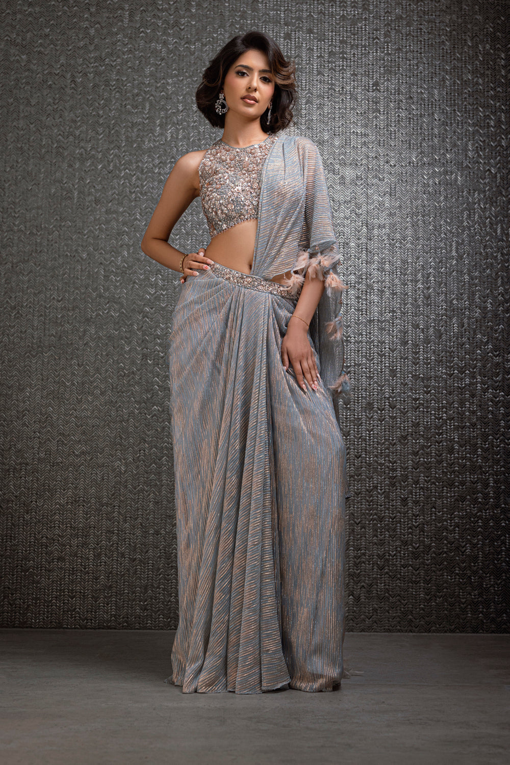 Icy Blue And Pale Pink Pre-Stitched Lycra Saree