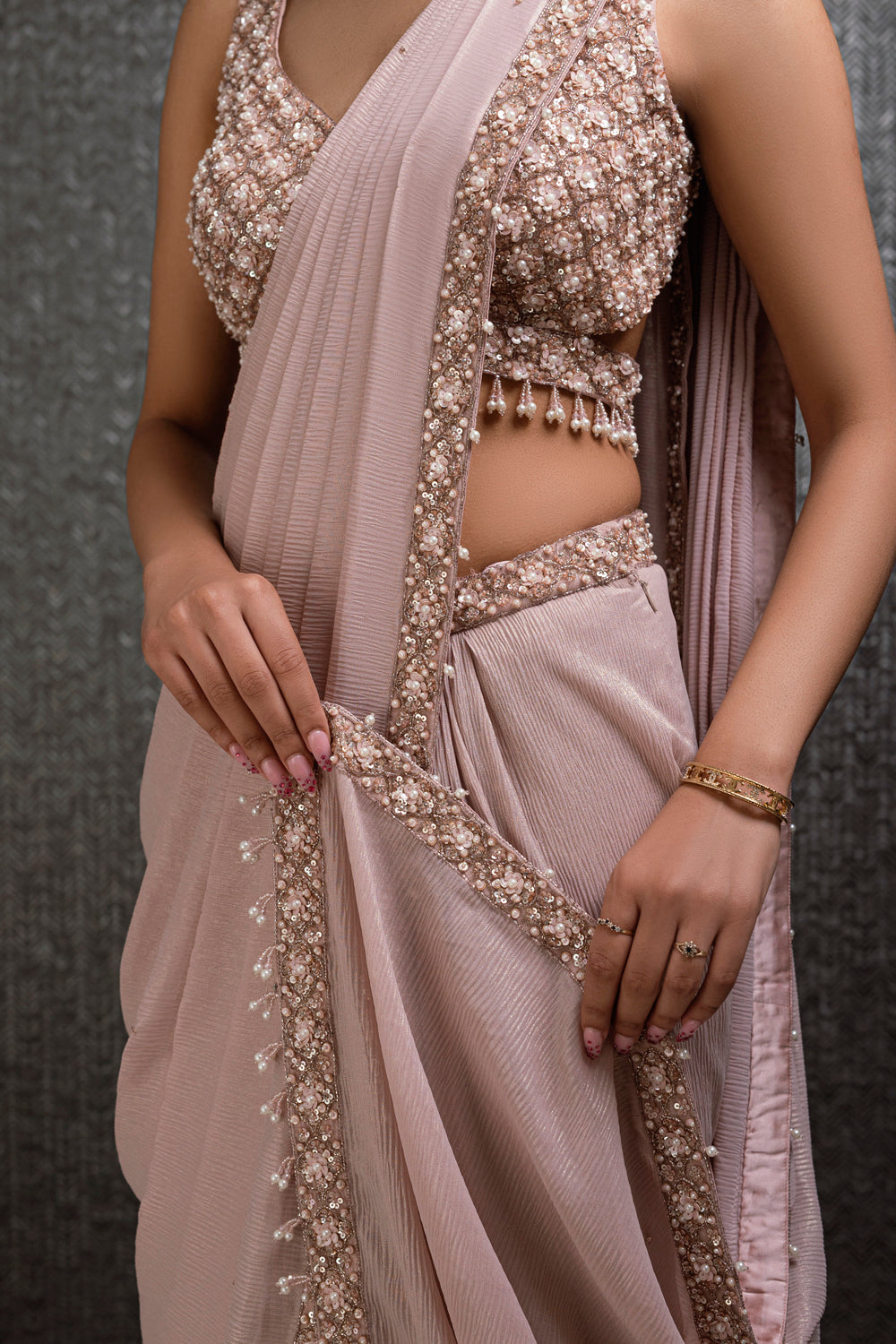 Pink Georgette Pre-Stitched Saree With Pearl Work