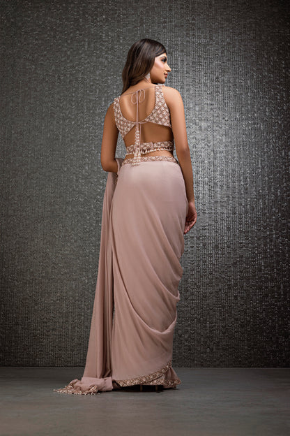 Pink Georgette Pre-Stitched Saree With Pearl Work