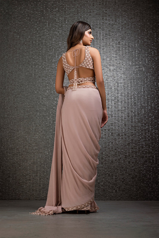 Pink Georgette Pre-Stitched Saree With Pearl Work