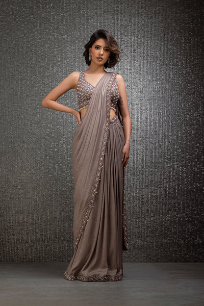 Dusty Taupe Pre-Stitched Shimmer Georgette Saree