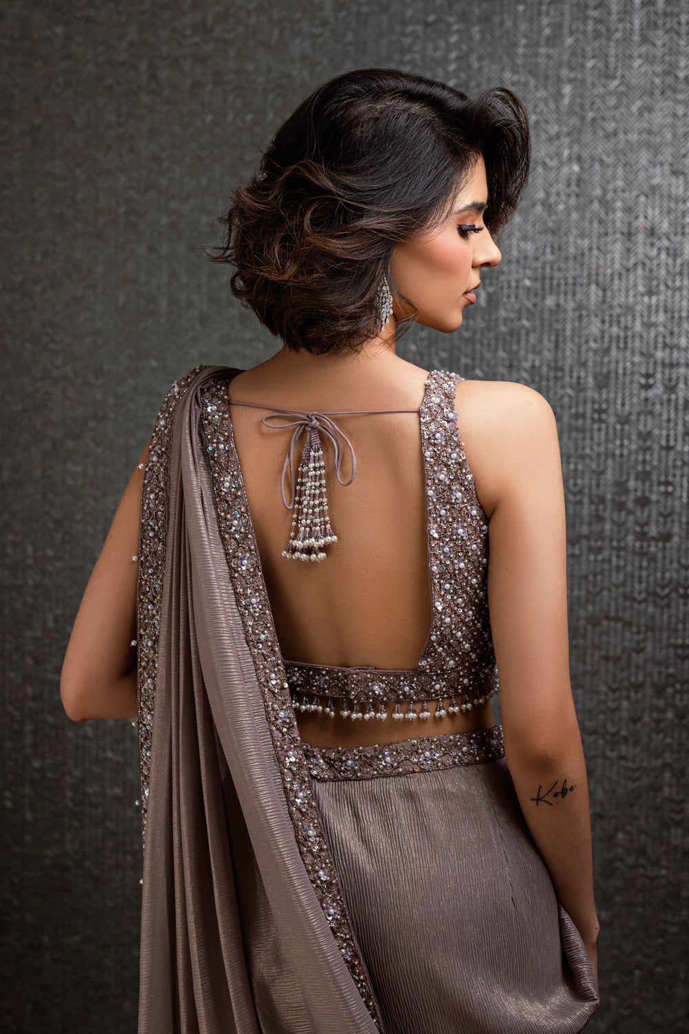 Dusty Taupe Pre-Stitched Shimmer Georgette Saree