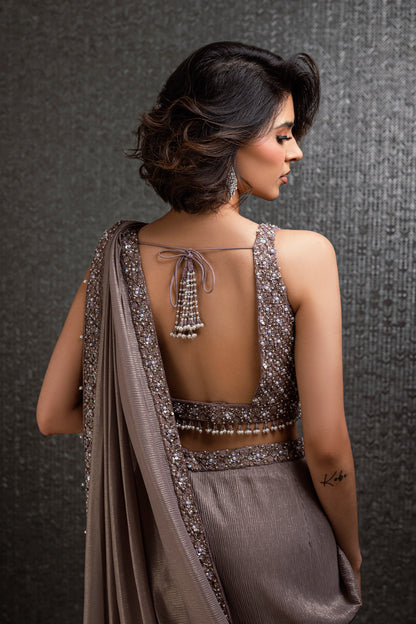 Dusty Taupe Pre-Stitched Shimmer Georgette Saree