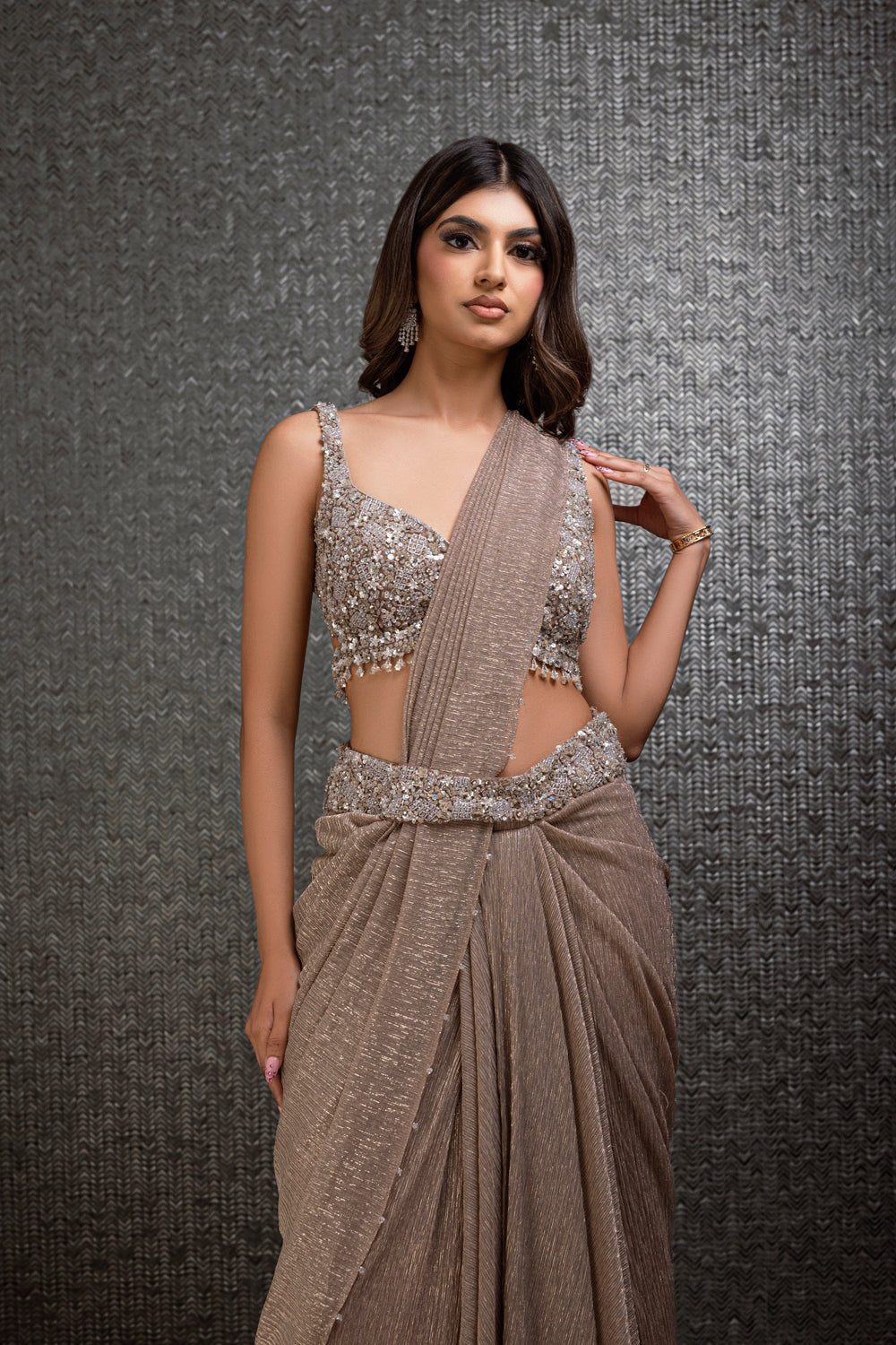 Champagne Gold Lycra Pre-Stitched Saree