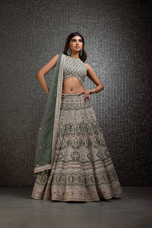 Sage Green Lengha with Pearl And Rose Gold Sequence Work