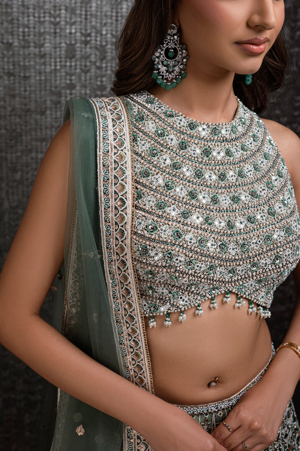 Sage Green Lengha with Pearl And Rose Gold Sequence Work