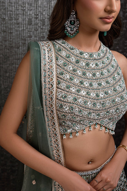 Sage Green Lengha with Pearl And Rose Gold Sequence Work