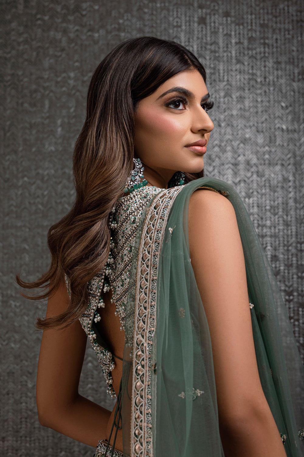 Sage Green Lengha with Pearl And Rose Gold Sequence Work