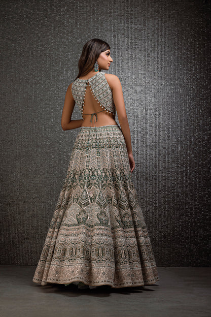 Sage Green Lengha with Pearl And Rose Gold Sequence Work