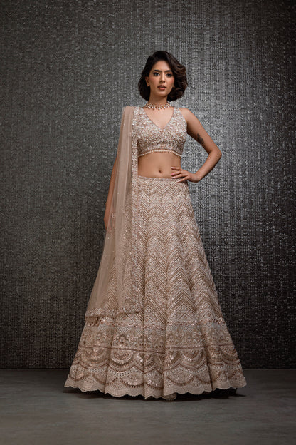 Ivory/Gold Lengha with Pearl And Rose Gold Work