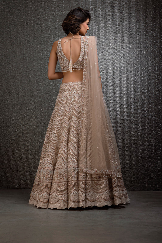 Ivory/Gold Lengha with Pearl And Rose Gold Work