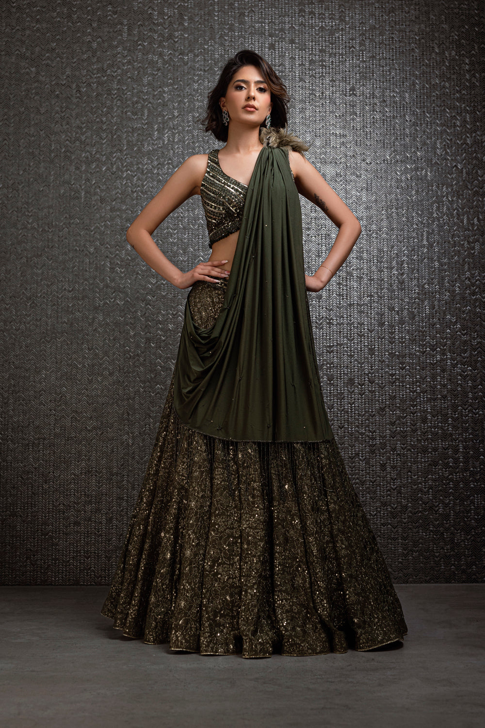 Forest Green Lehenga With Lycra Drape