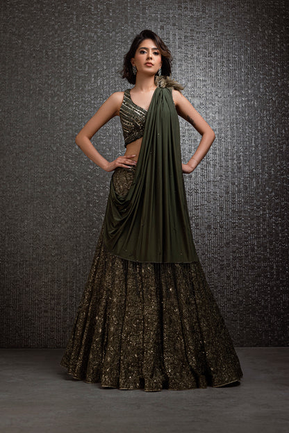 Forest Green Lehenga With Lycra Drape