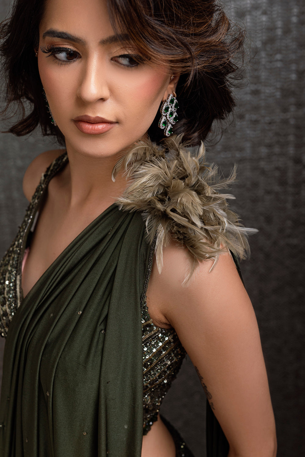 Forest Green Lehenga With Lycra Drape