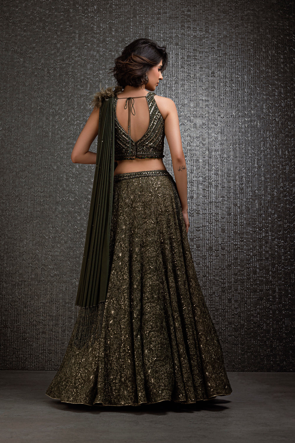Forest Green Lehenga With Lycra Drape