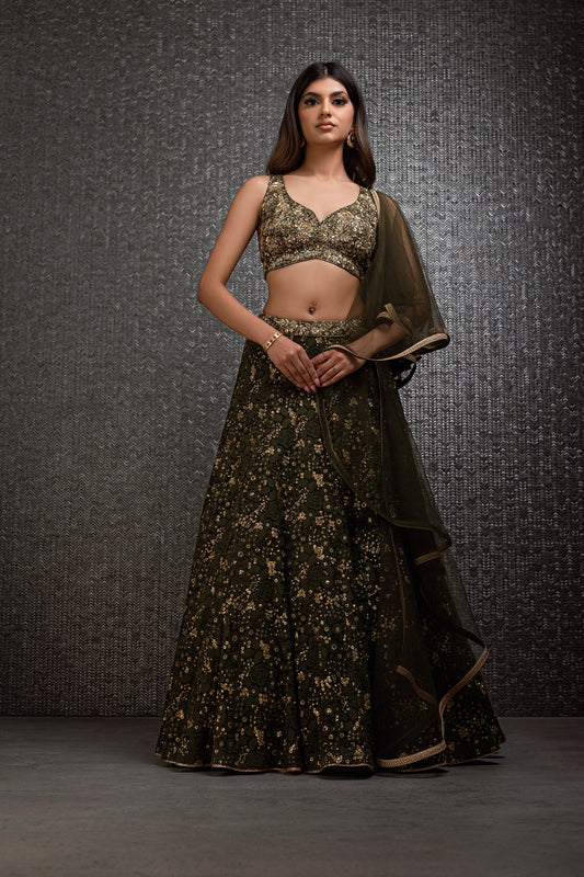 Deep Olive Green Lehenga With Waterfall Dupatta