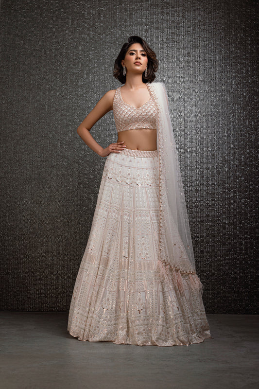 Ivory And Nude Pink Chikankari Lengha