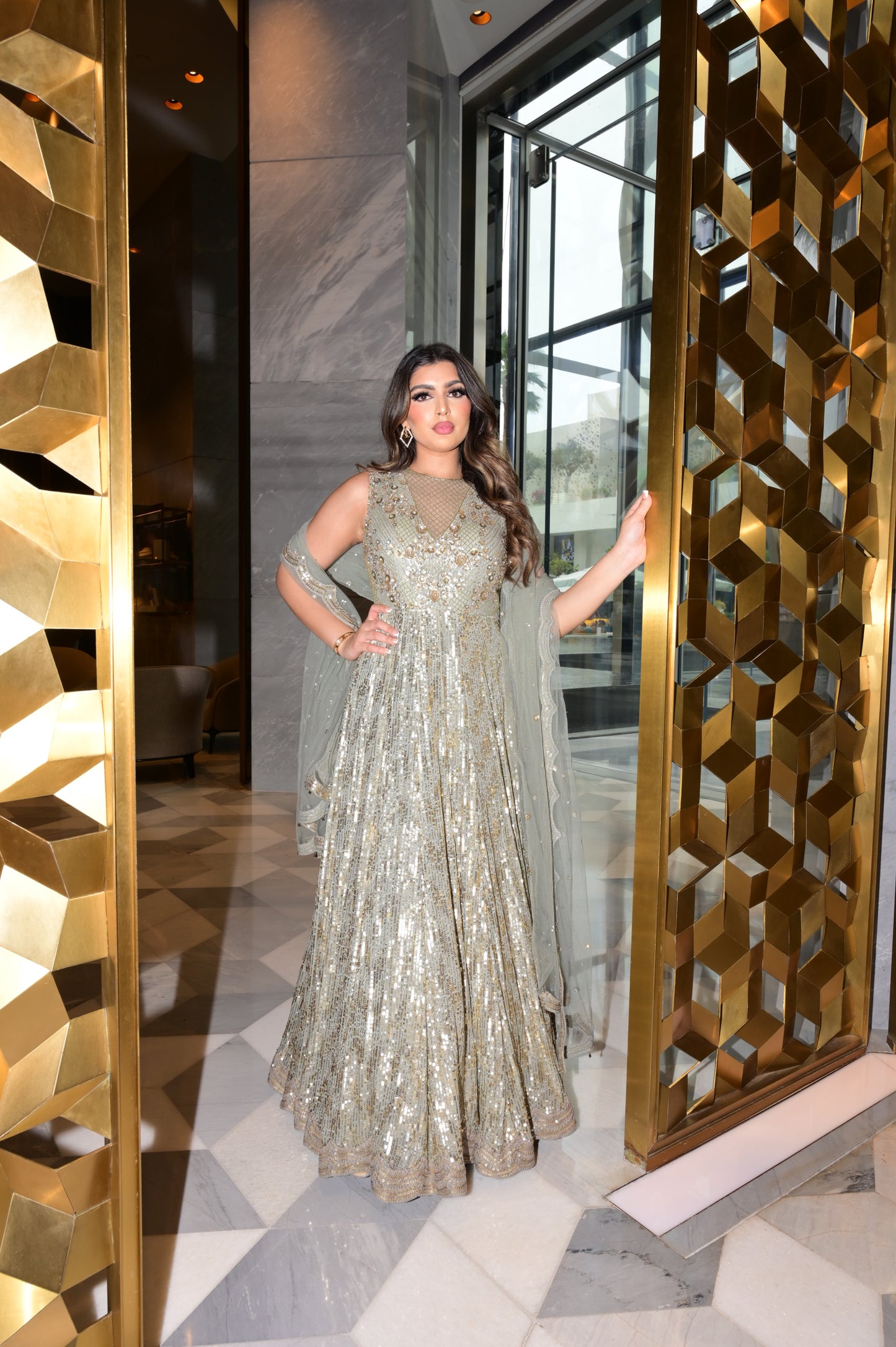 Olive green Sequin Georgette Gown