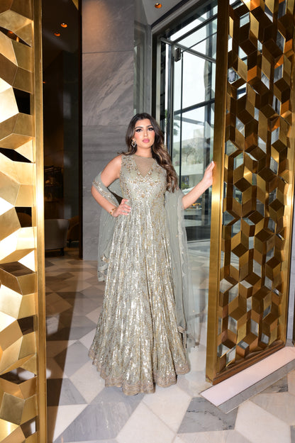 Olive green Sequin Georgette Gown