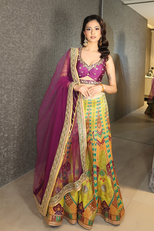 Plum And Lime Green Printed Sharara