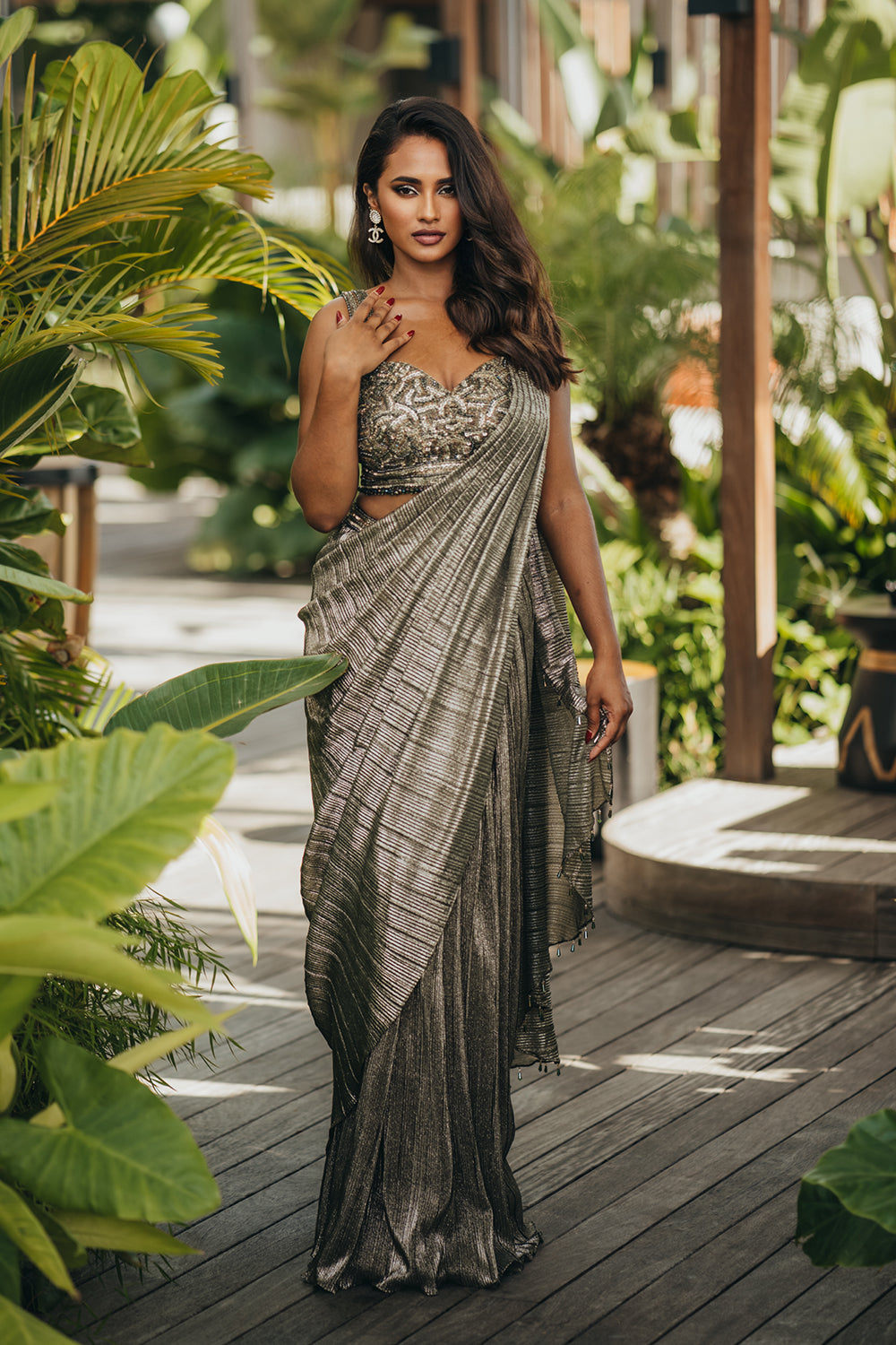 Blended to Perfection: The Shimmery Striped Olive Saree