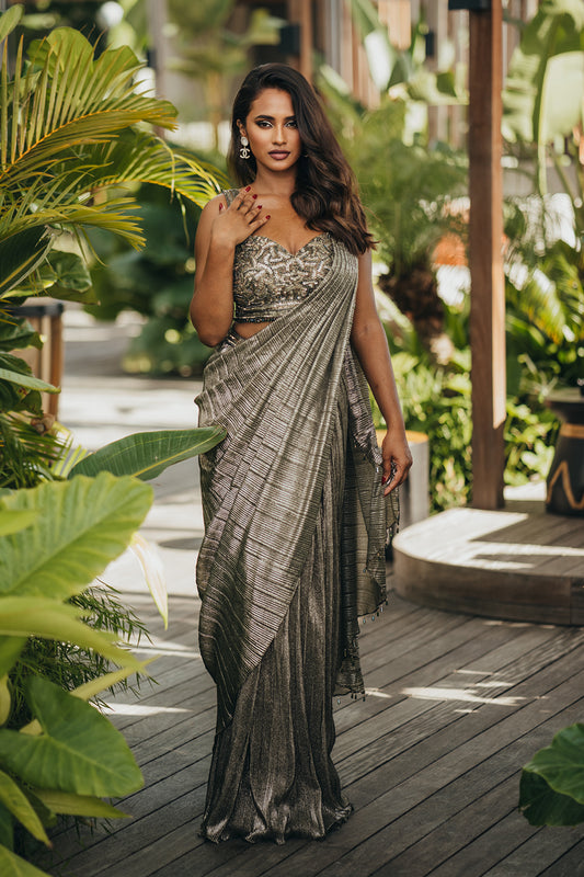 Blended to Perfection: The Shimmery Striped Olive Saree